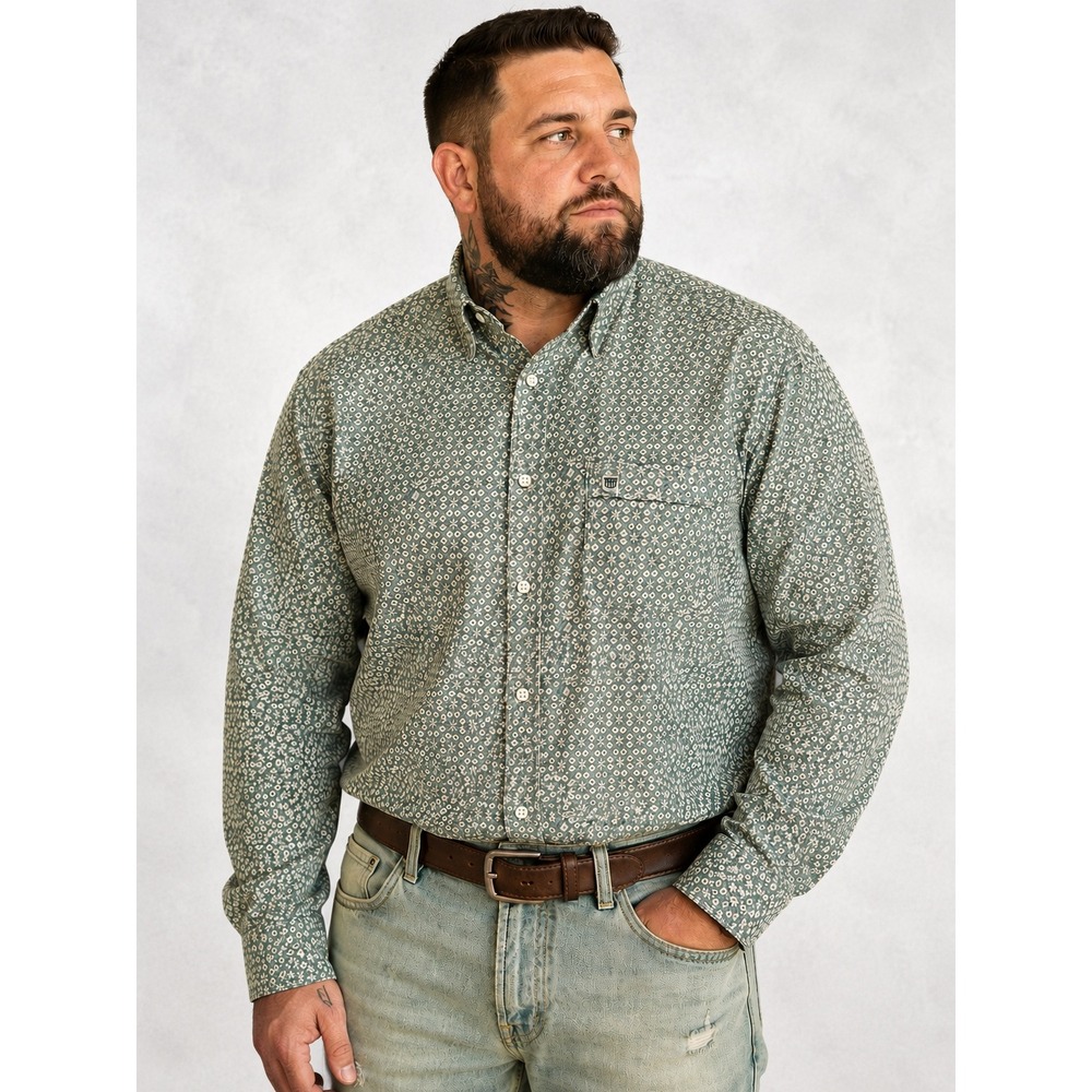 Verte Vallee Mens XL Green Geometric Print Cotton Button Down Shirt Vintage Look